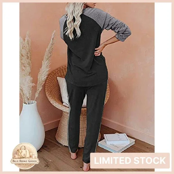 Long Sleeve Pajama Set Lounge Wear Pullover Sweatshirt Pants Pockets